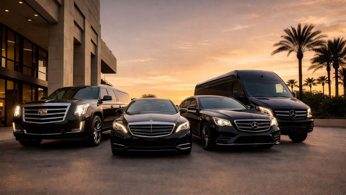 A premium lineup of black luxury vehicles including a Cadillac SUV, Mercedes sedans, and a sprinter van parked outside a modern building during sunset, representing Largo car service.