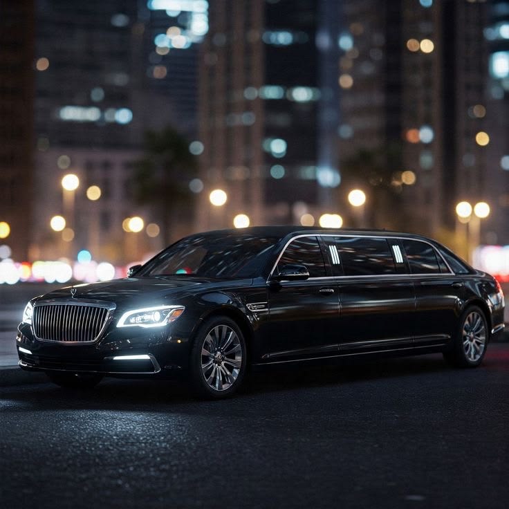 A sleek black luxury stretch limousine parked on a city street at night with glowing city lights in the background, representing premium Largo car service.