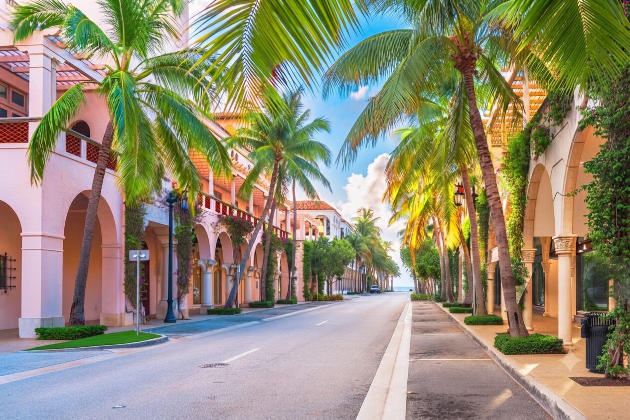 Luxury Palm Beach Airport Transportation with private chauffeur service on a palm-lined street in Palm Beach, Florida.